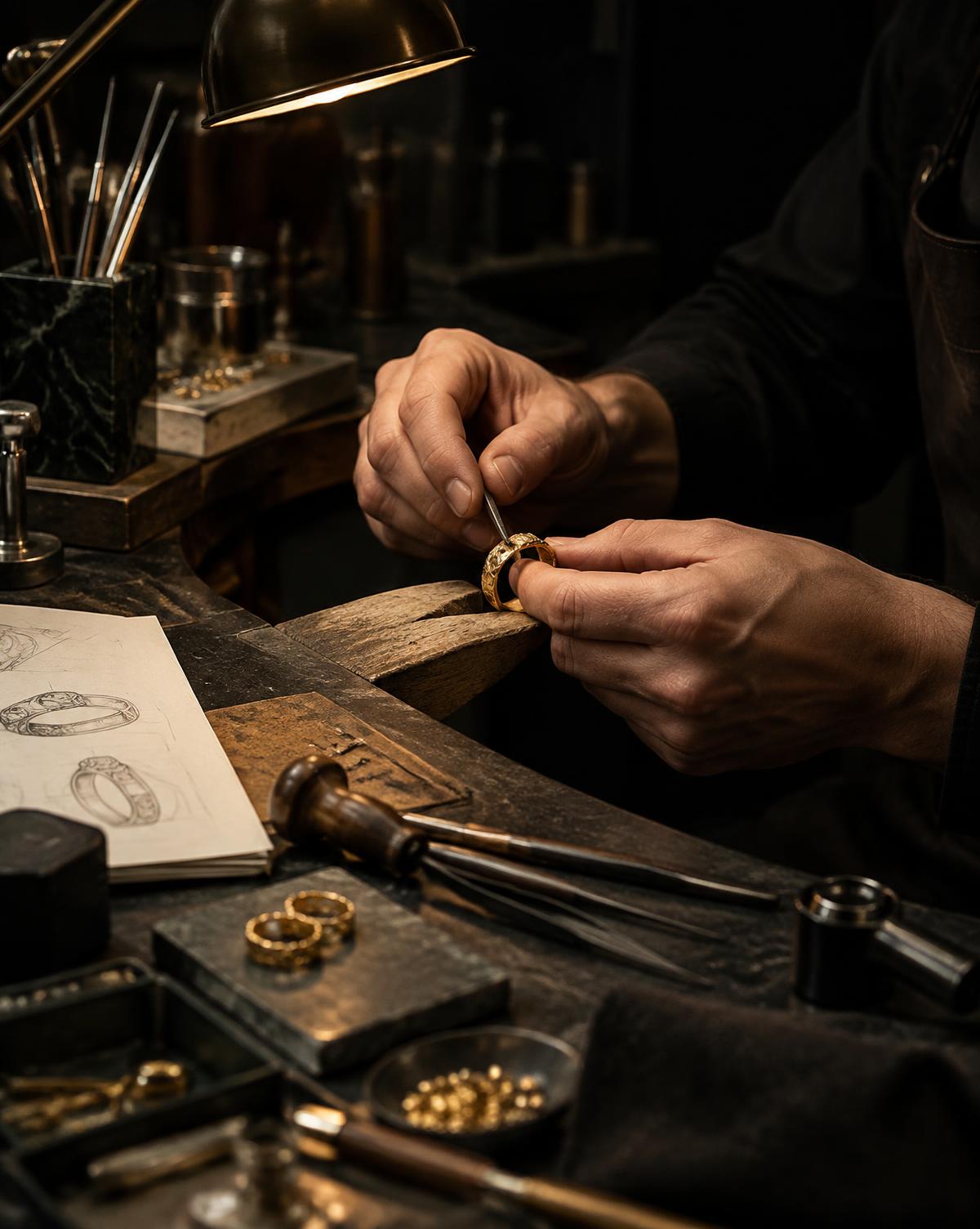 A fine jewelry piece being handcrafted in the atelier